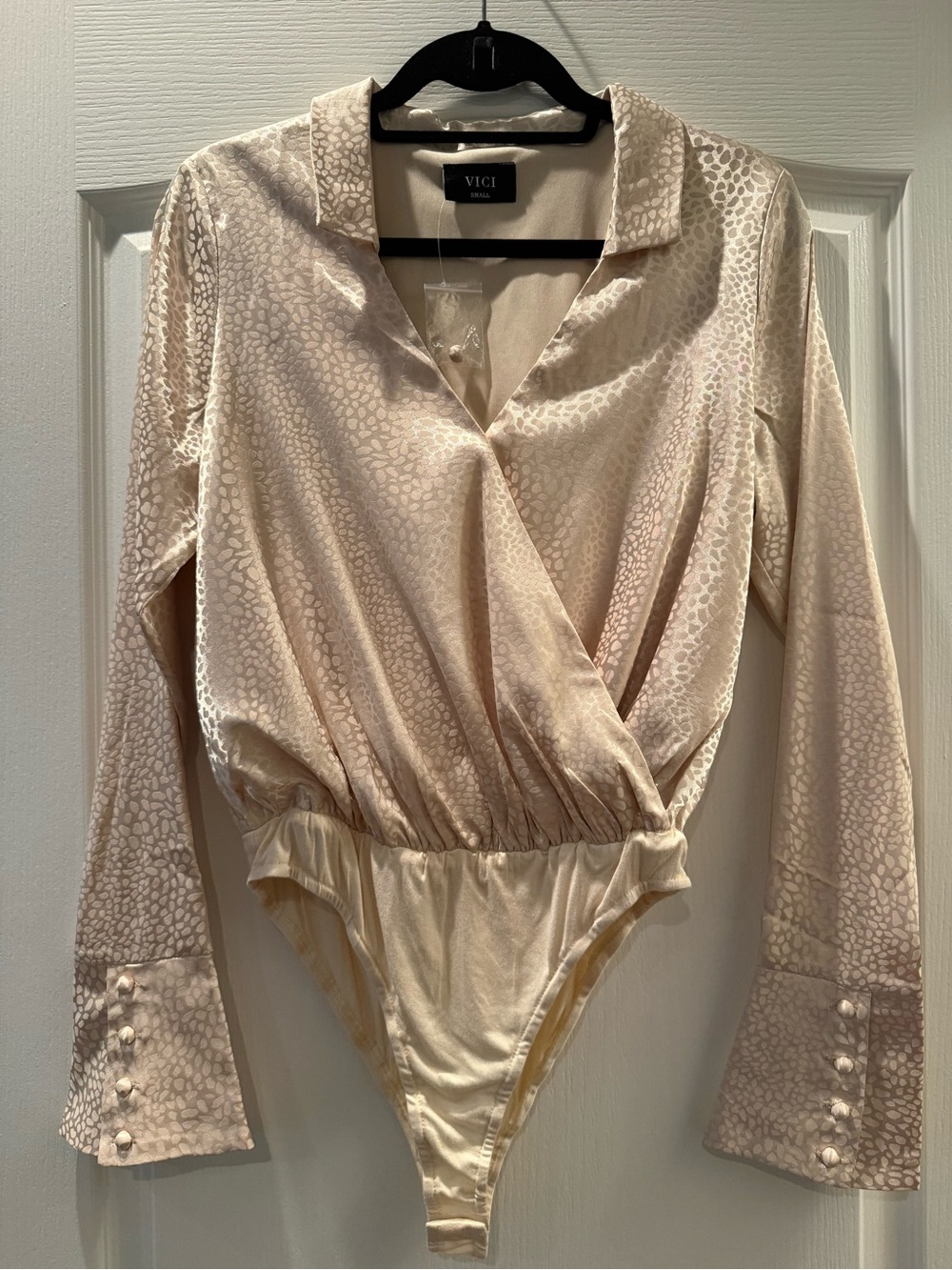 VICI Cream Satin Wrap-Style Long Sleeve Bodysuit